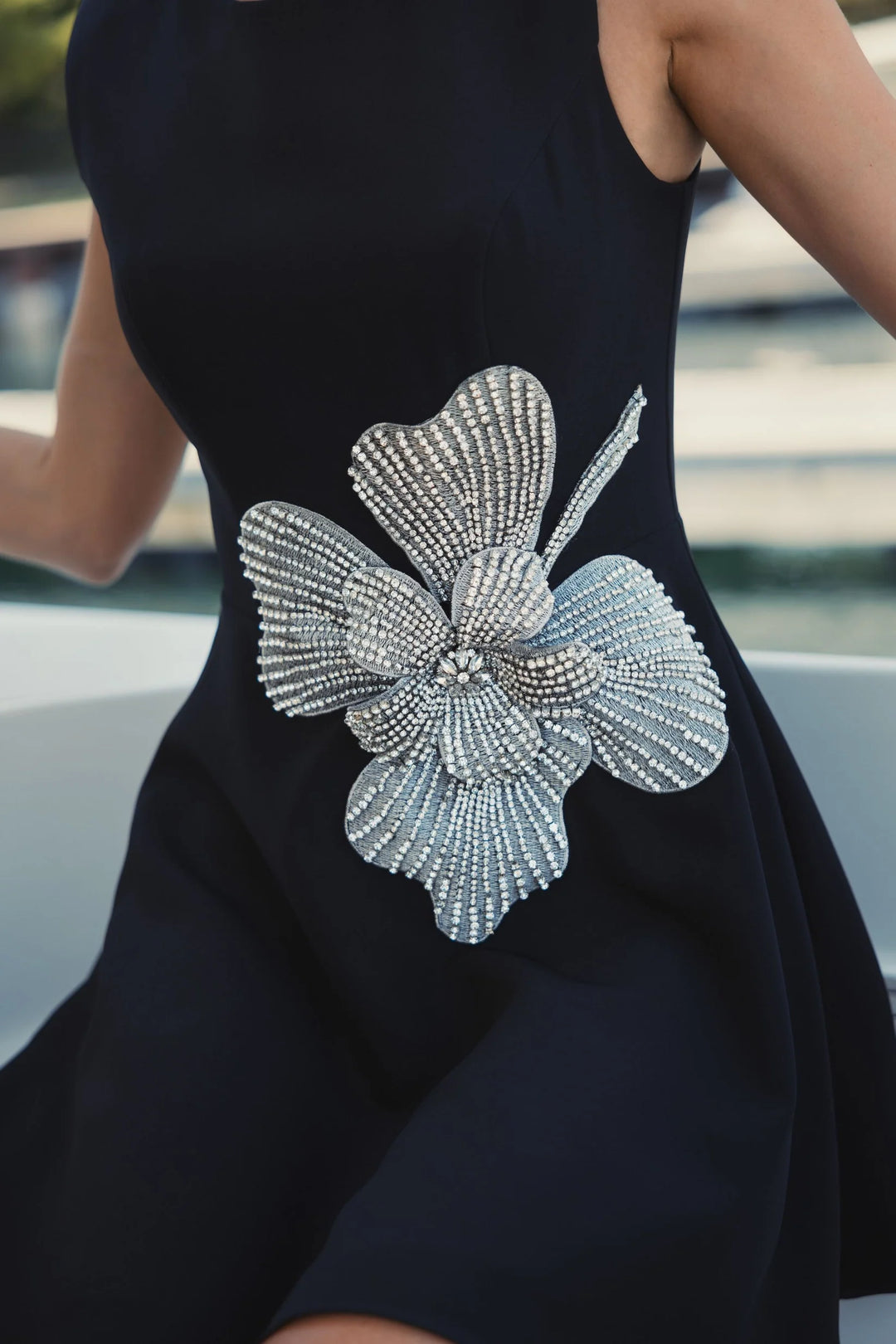 Crepe Sleeveless Mini Dress With Rhinestone Flower