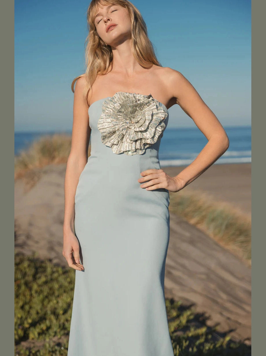 Crepe Strapless Gown With 3D Rhinestone Flower