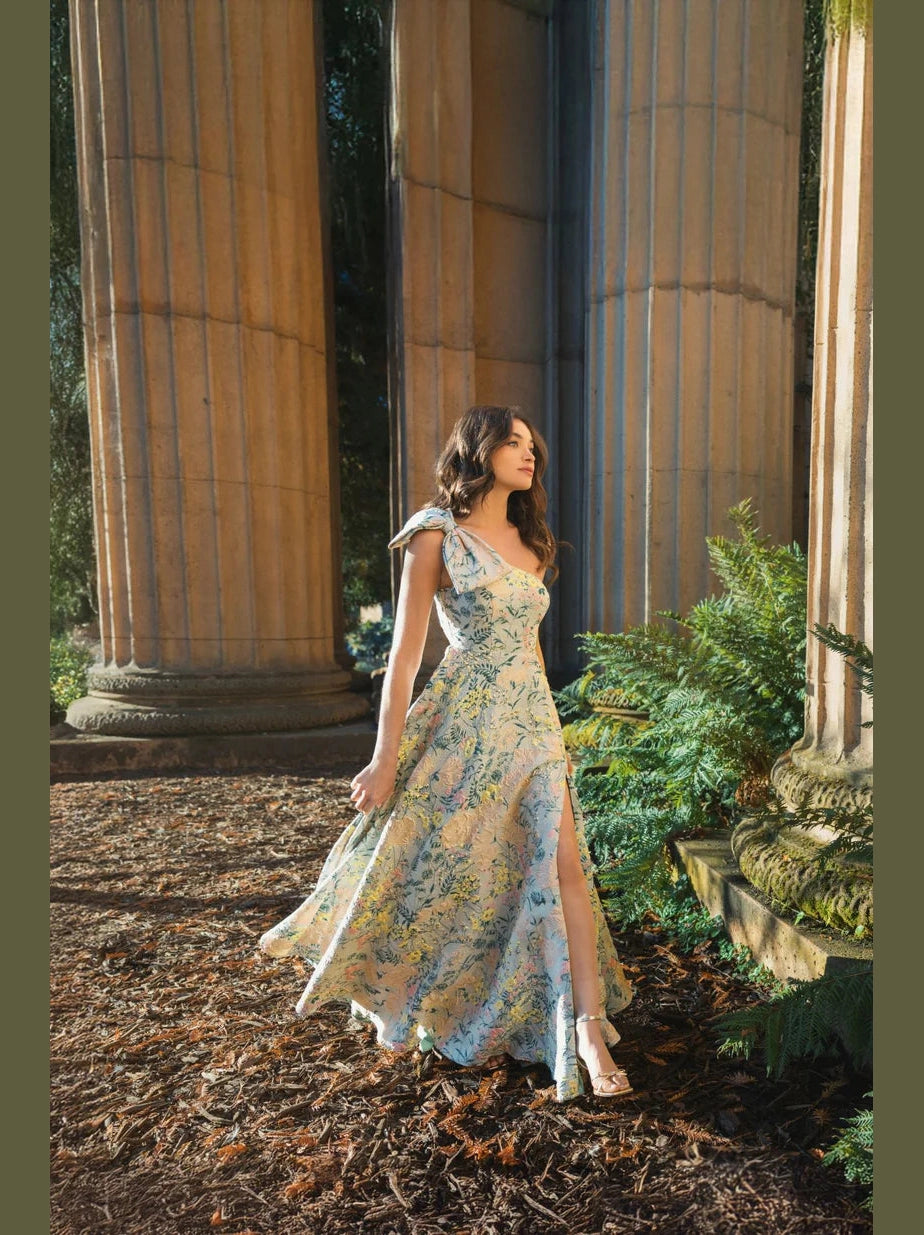 Floral One Shoulder Brocade Gown With Bow Detail