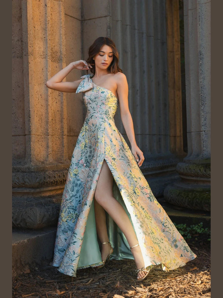 Floral One Shoulder Brocade Gown With Bow Detail