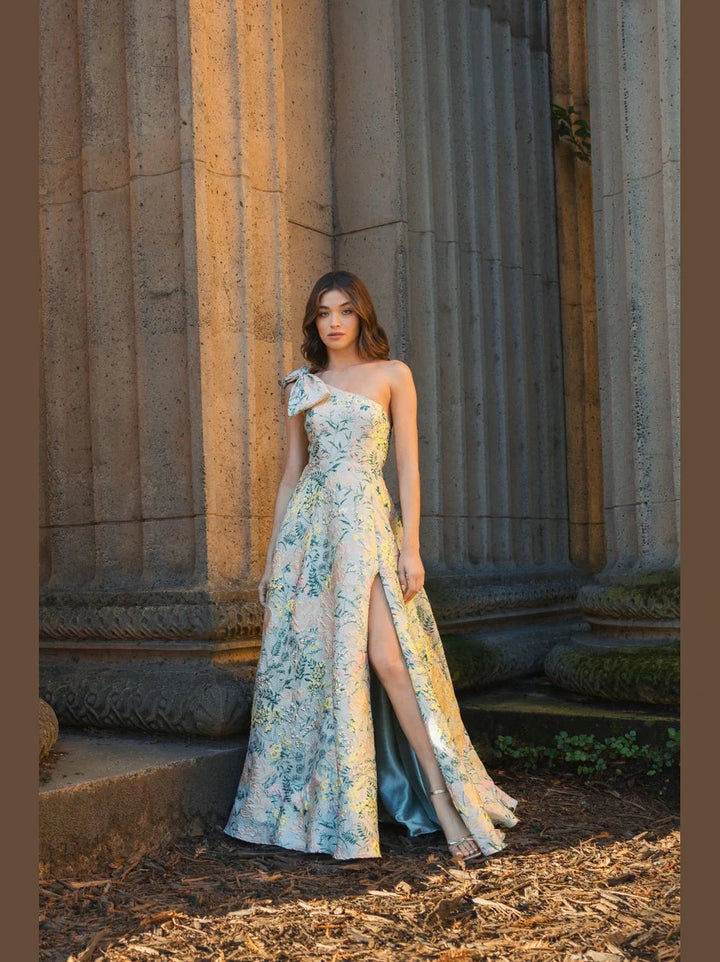 Floral One Shoulder Brocade Gown With Bow Detail