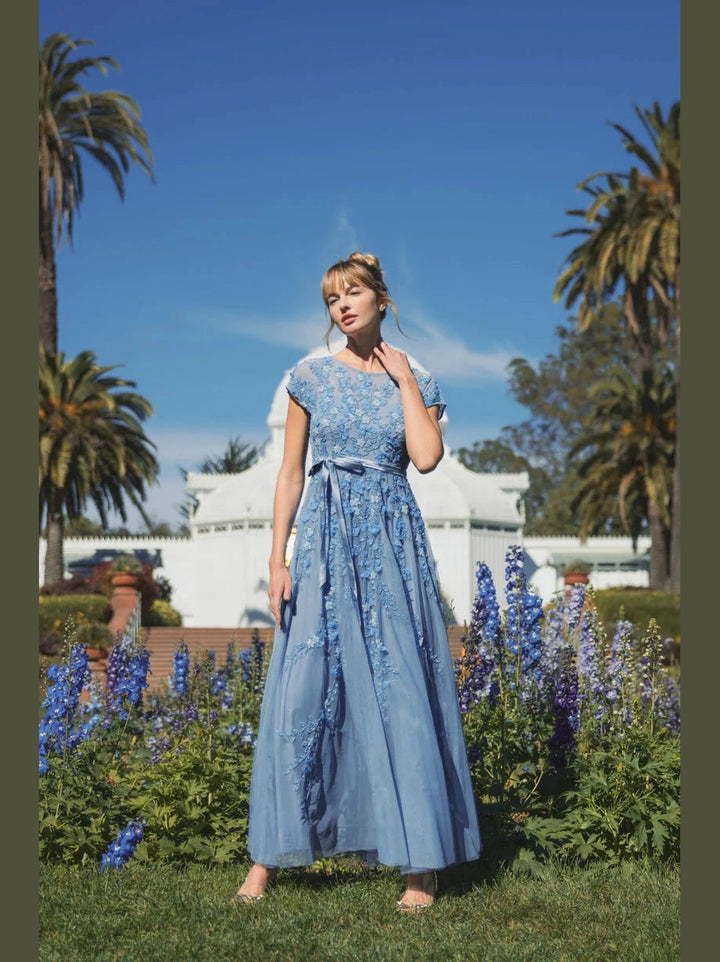 Floral Embellished Short Sleeve Mesh Gown