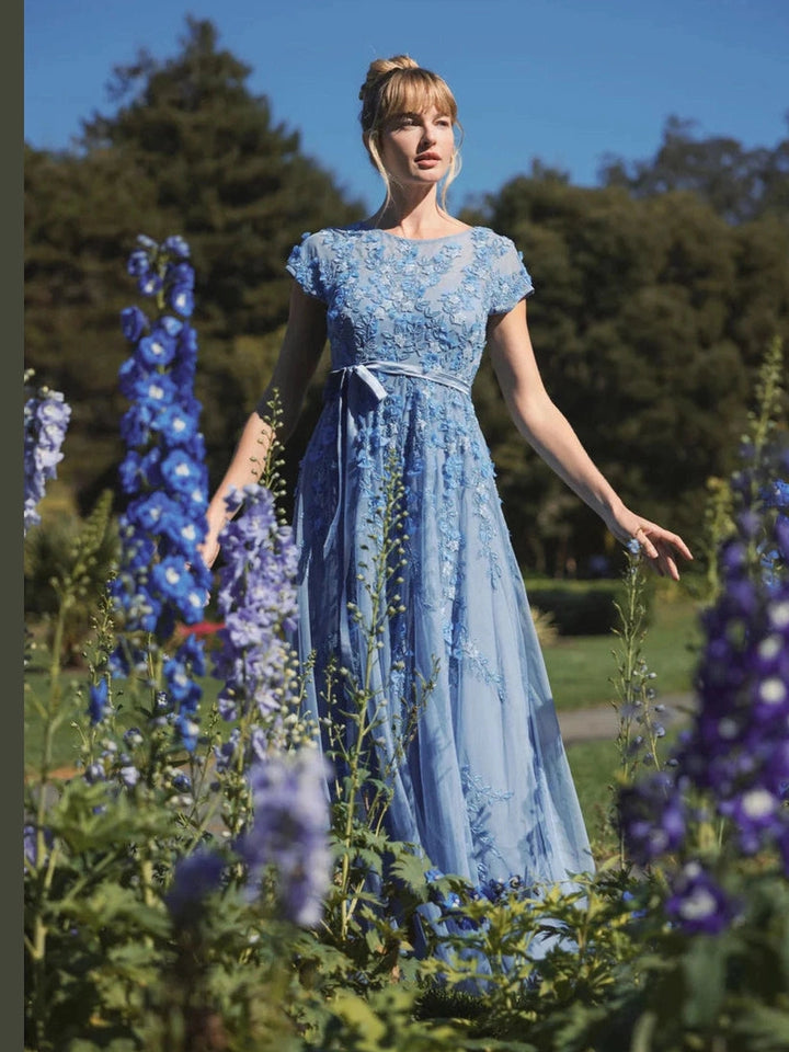 Floral Embellished Short Sleeve Mesh Gown