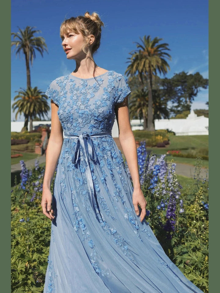 Floral Embellished Short Sleeve Mesh Gown