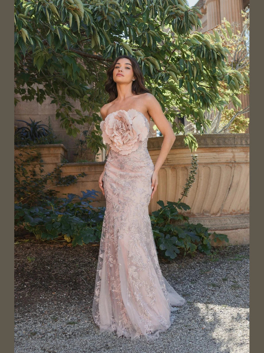 Strapless Beaded Applique Mermaid Gown With Flower