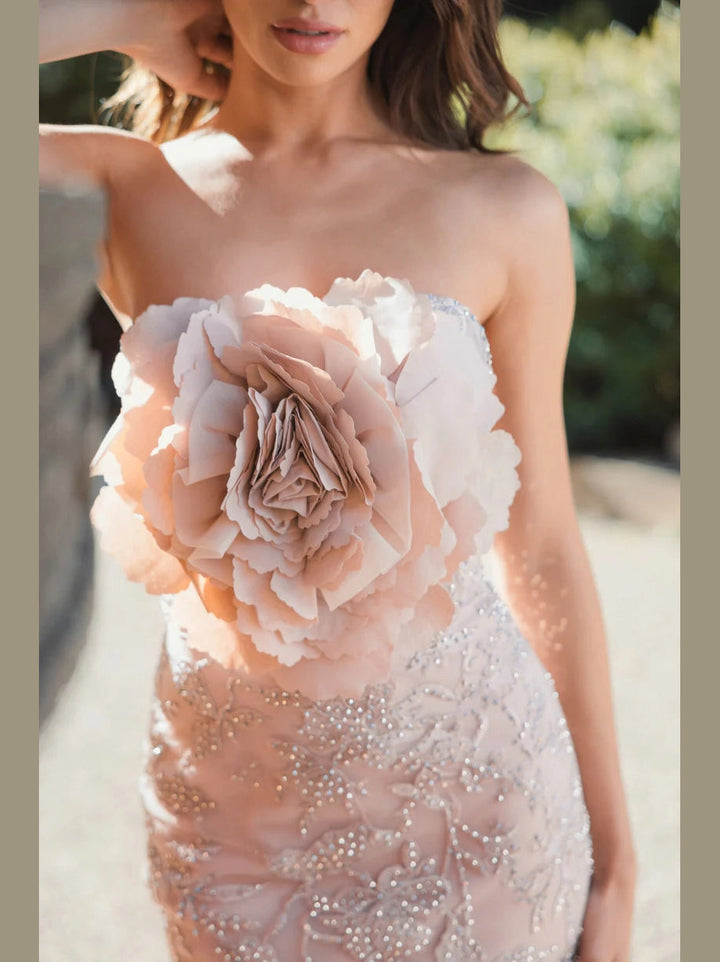 Strapless Beaded Applique Mermaid Gown With Flower