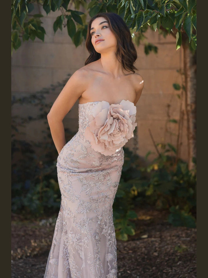 Strapless Beaded Applique Mermaid Gown With Flower