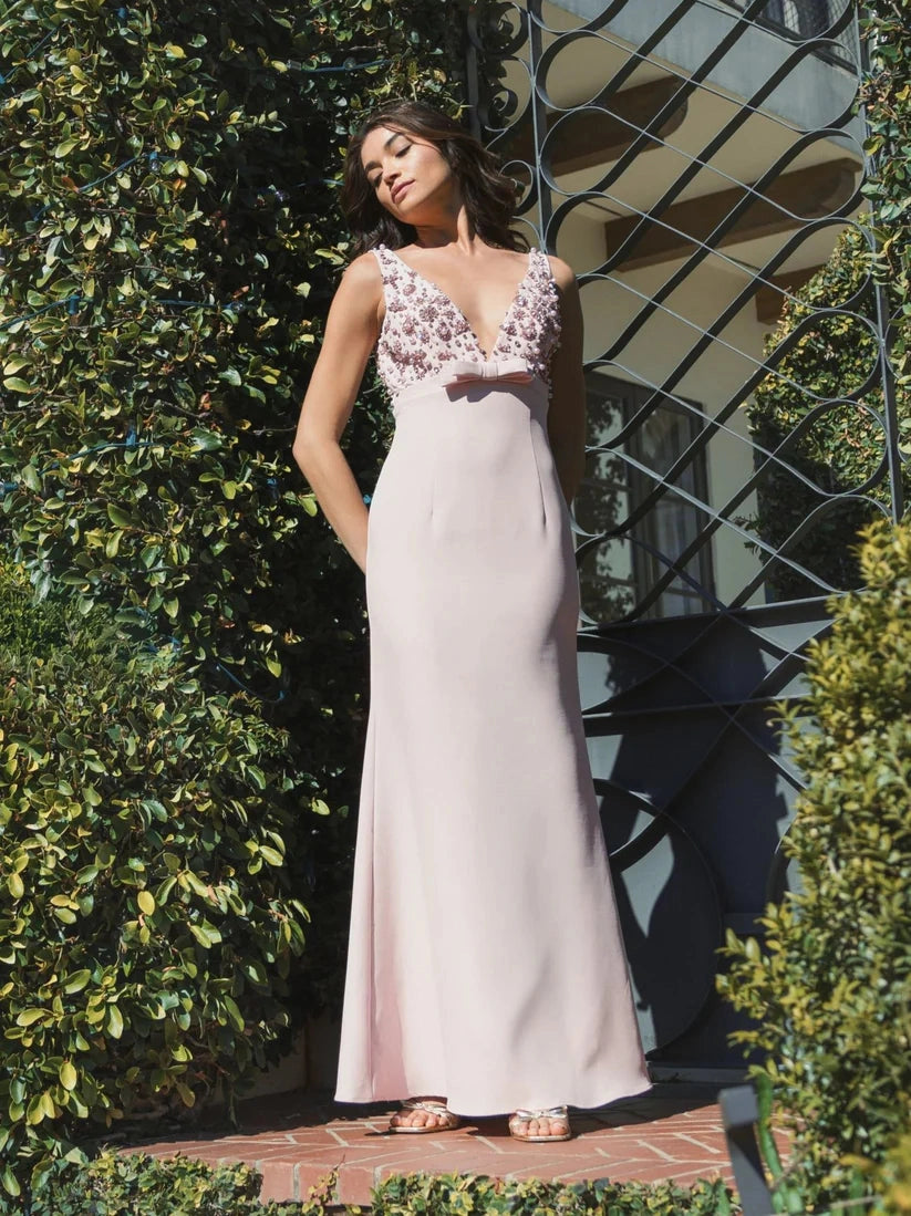 Crepe Sleeveless Beaded V Neck Gown With Bow