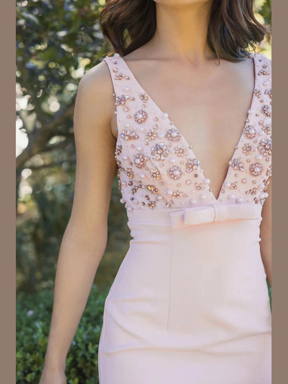 Crepe Sleeveless Beaded V Neck Gown With Bow