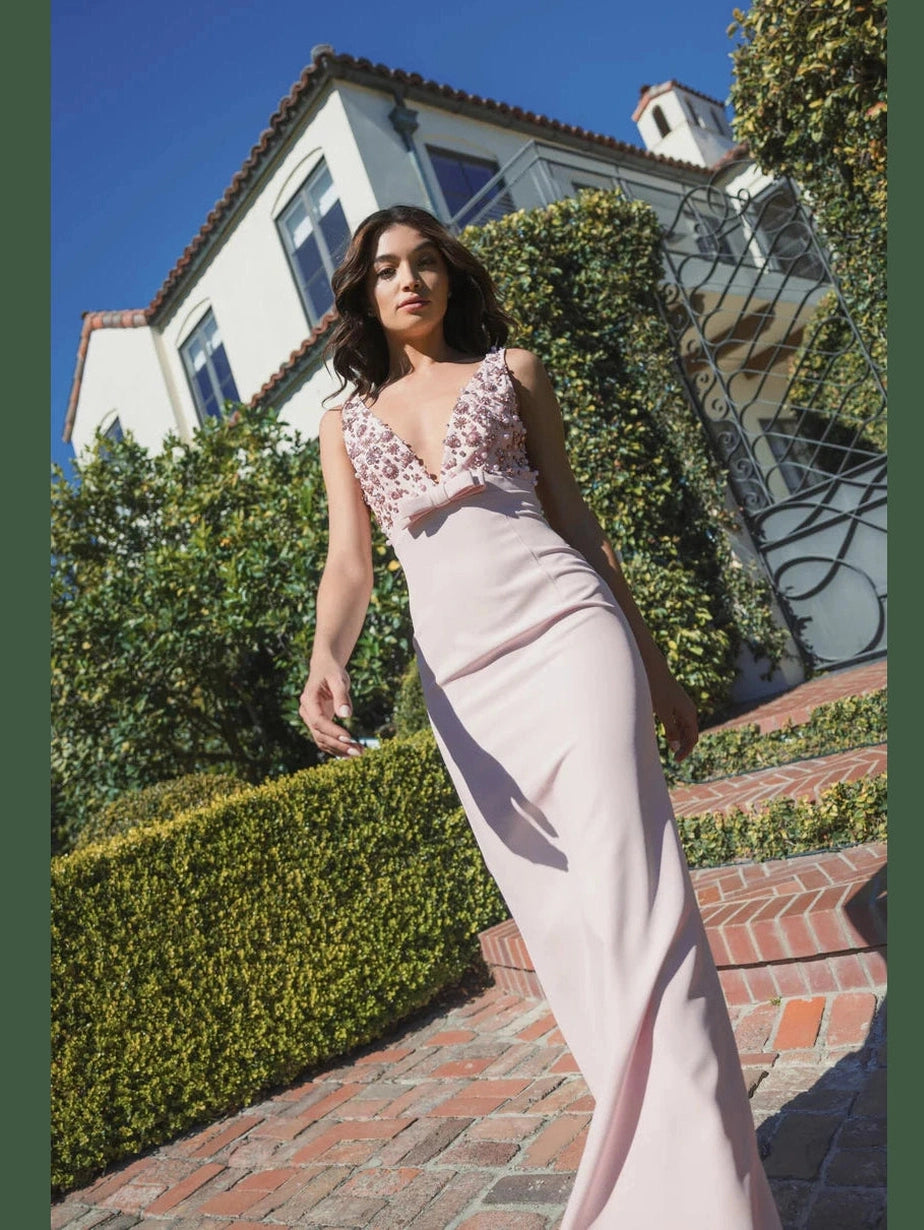 Crepe Sleeveless Beaded V Neck Gown With Bow