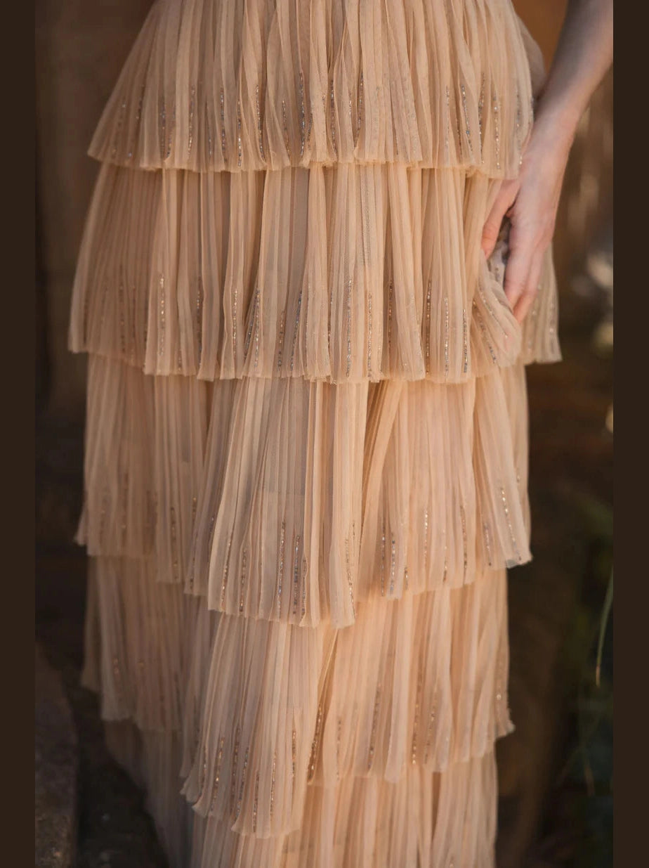 Beaded Mesh V Neck Gown With Tiered Ruffles