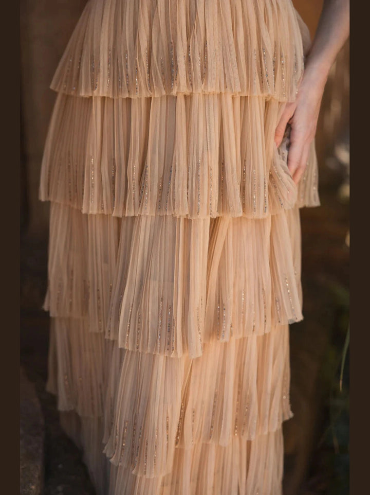 Beaded Mesh V Neck Gown With Tiered Ruffles