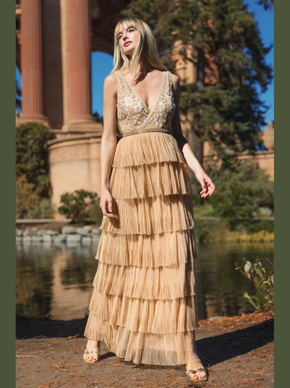 Beaded Mesh V Neck Gown With Tiered Ruffles