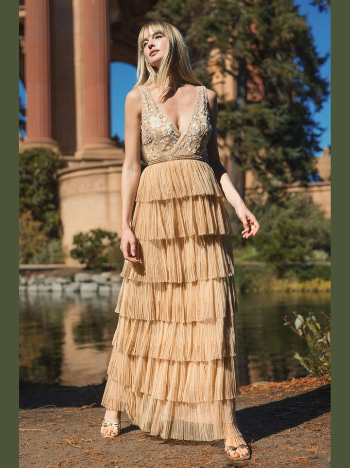 Beaded Mesh V Neck Gown With Tiered Ruffles