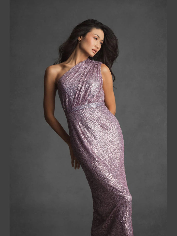 Sequined Ruched One Shoulder Gown