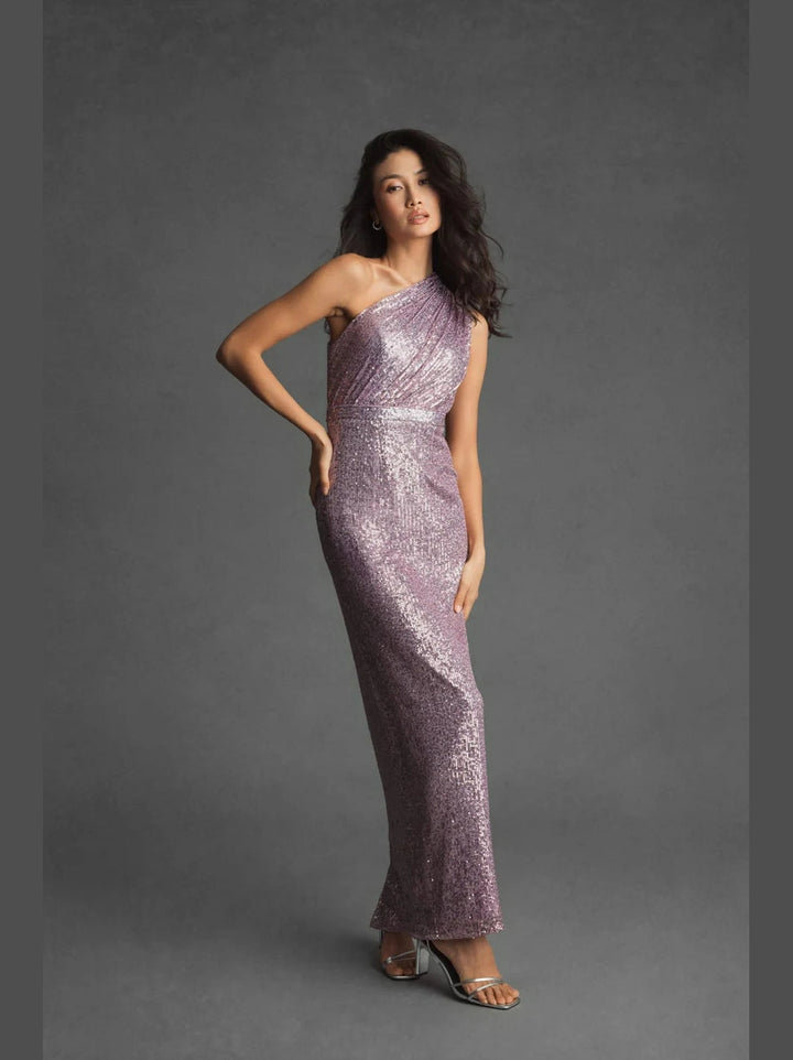Sequined Ruched One Shoulder Gown