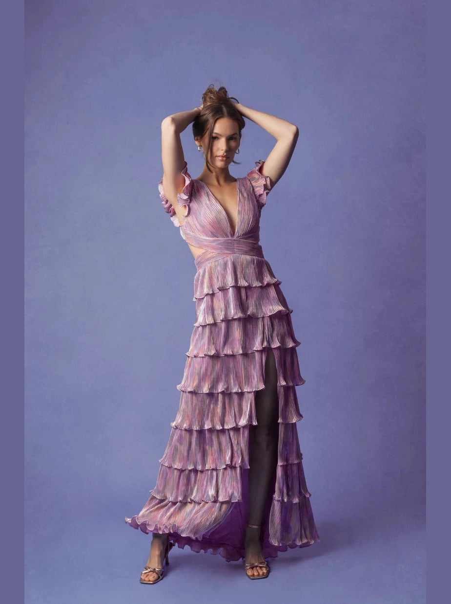 Ruffle Tiered Criss Cross Lace Up Gown