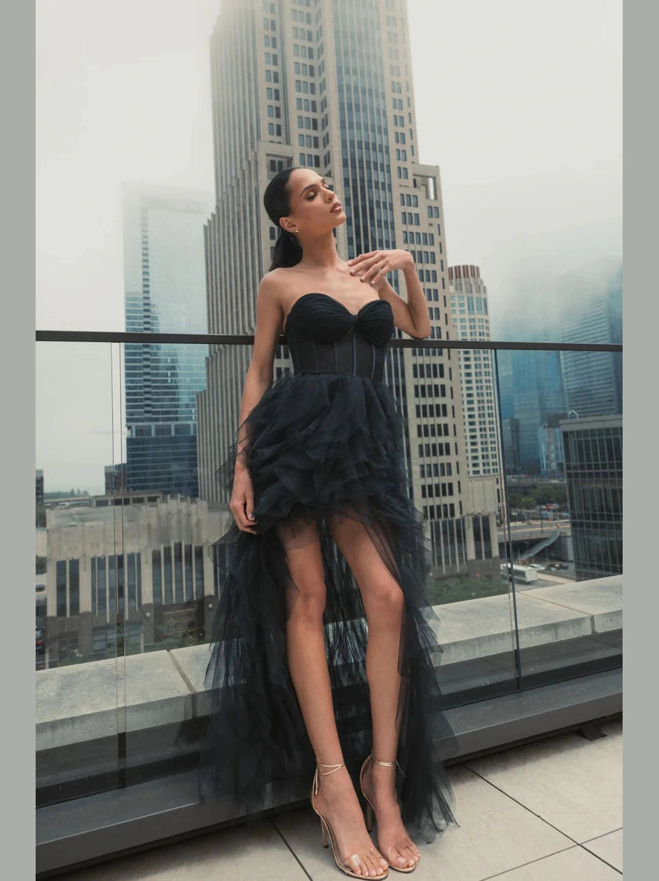 Strapless Bustier Net Gown With Spiral Ruffles