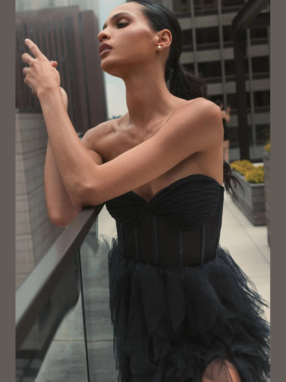 Strapless Bustier Net Gown With Spiral Ruffles