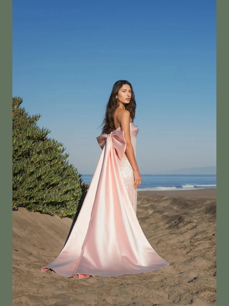 Strapless Embellished Gown With Back Bow Detail
