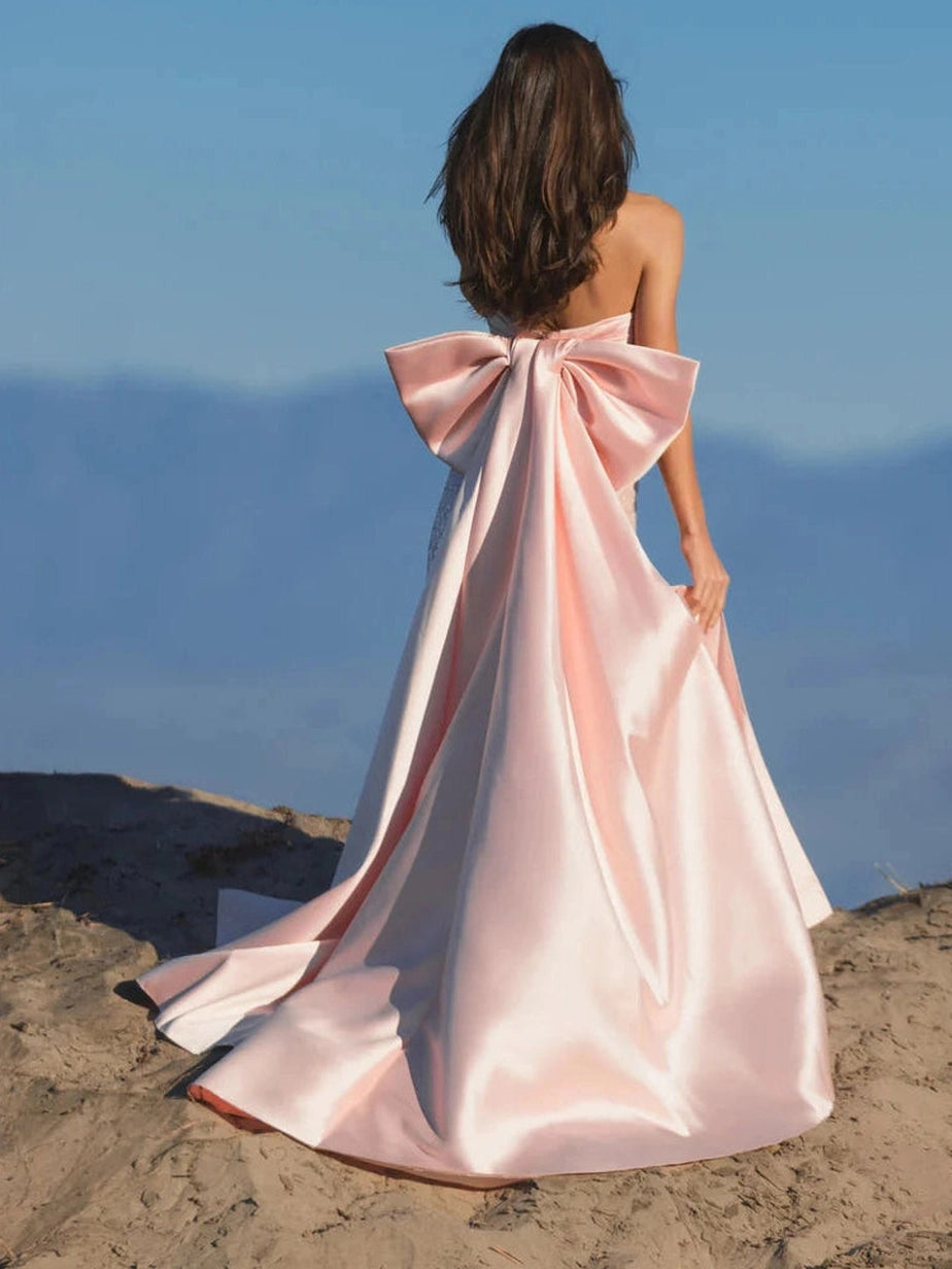 Strapless Embellished Gown With Back Bow Detail