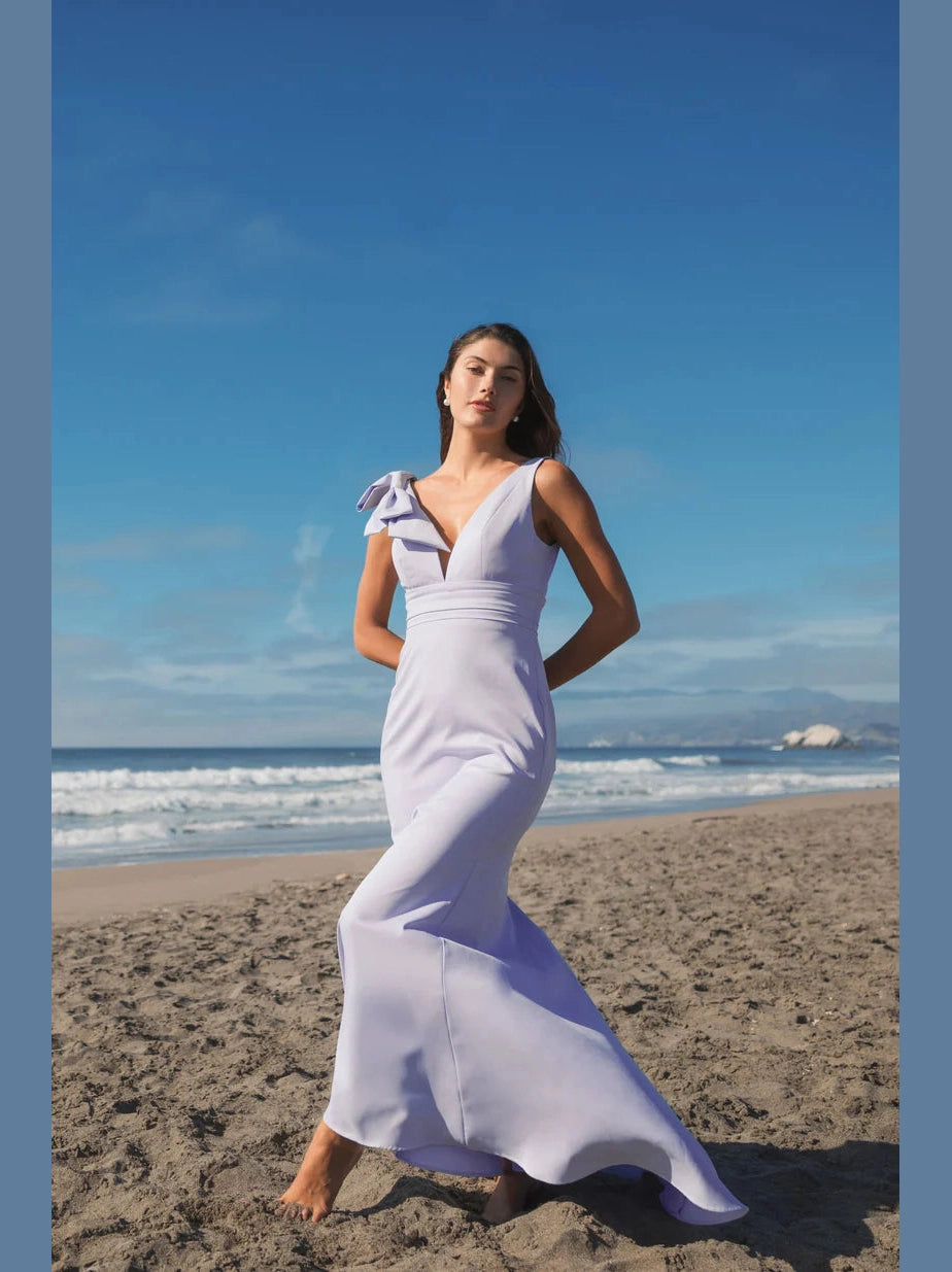 Sleeveless V Neck Bow Detail Mermaid Gown