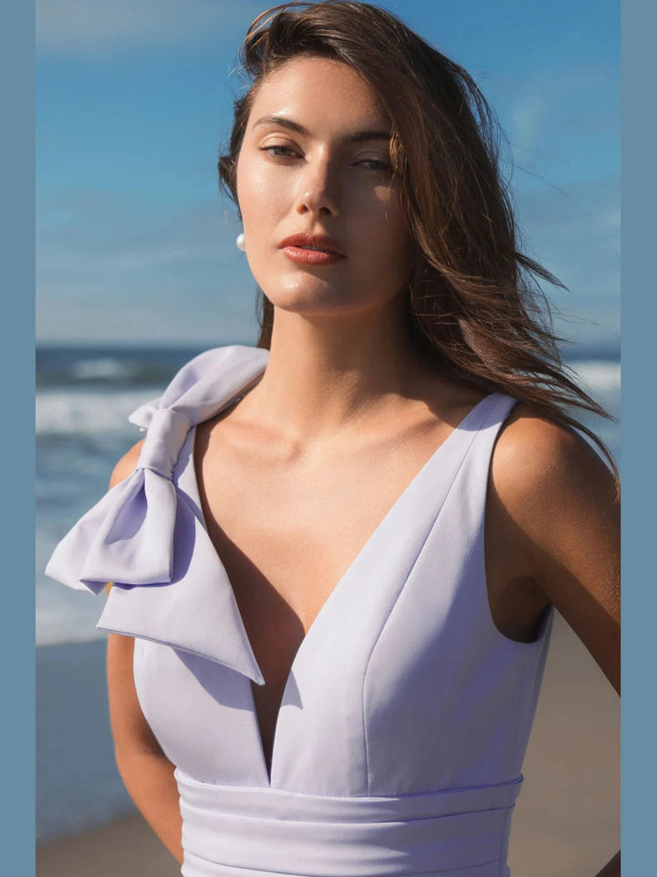 Sleeveless V Neck Bow Detail Mermaid Gown