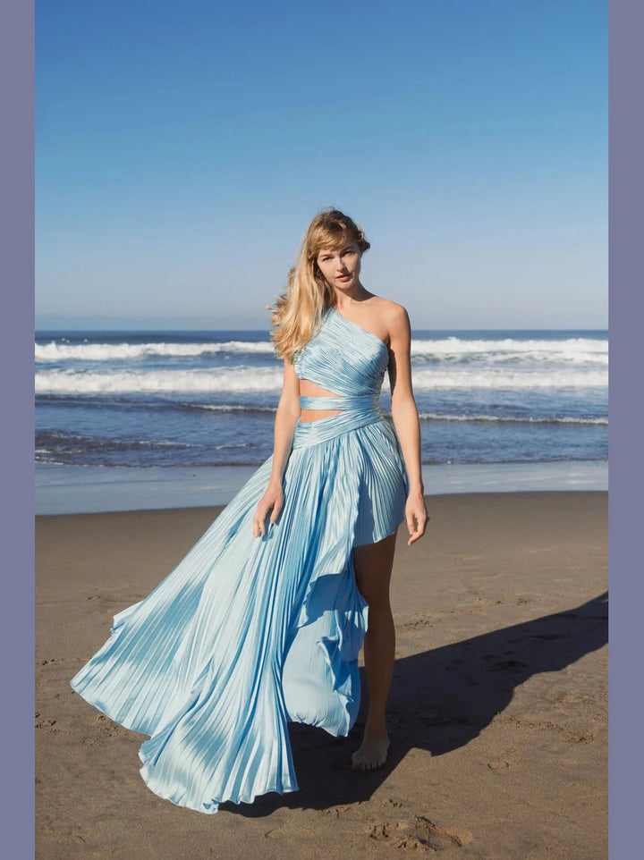 One Shoulder Pleated Charmeuse Gown with Slit