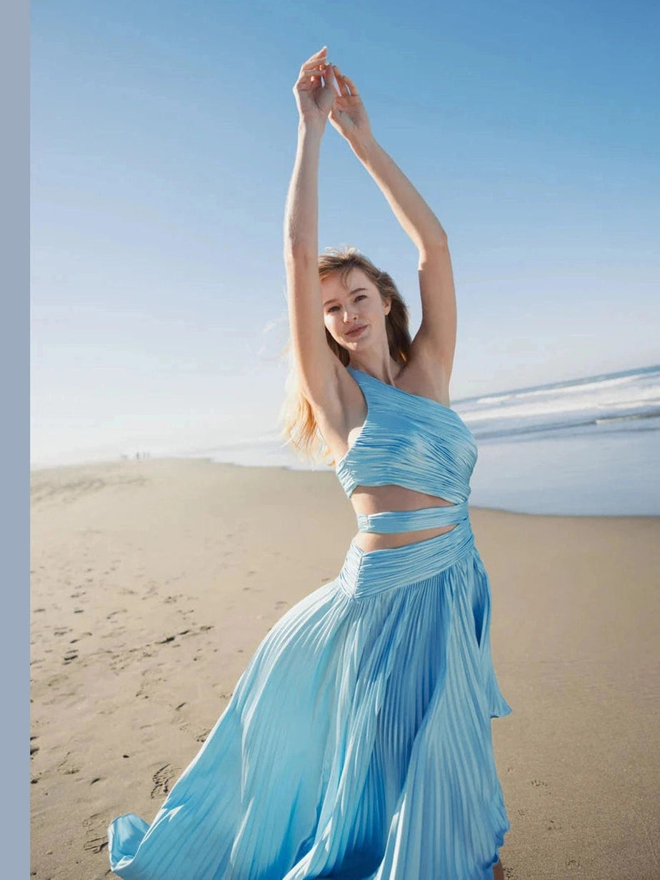 One Shoulder Pleated Charmeuse Gown with Slit