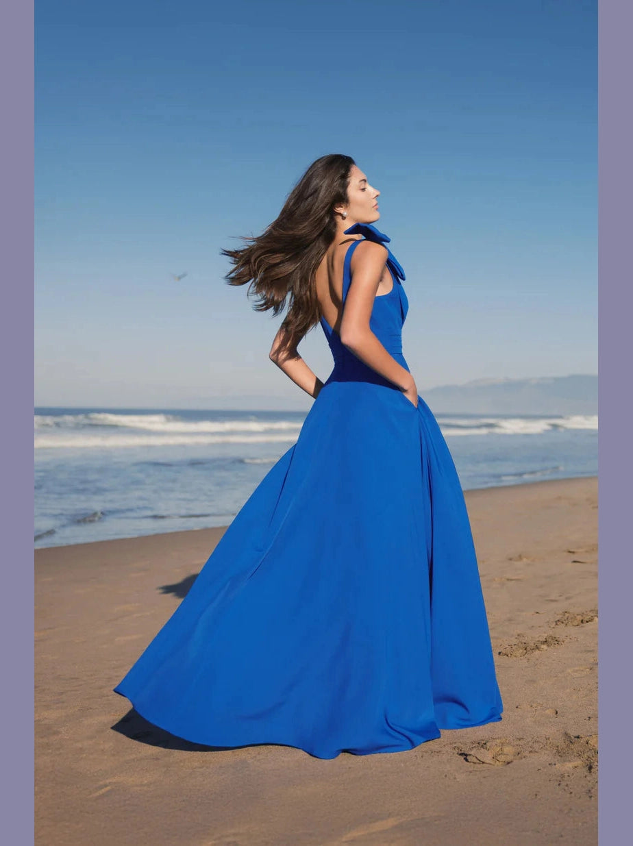 Blue Crepe Sleeveless V Neck Ballgown With Bow