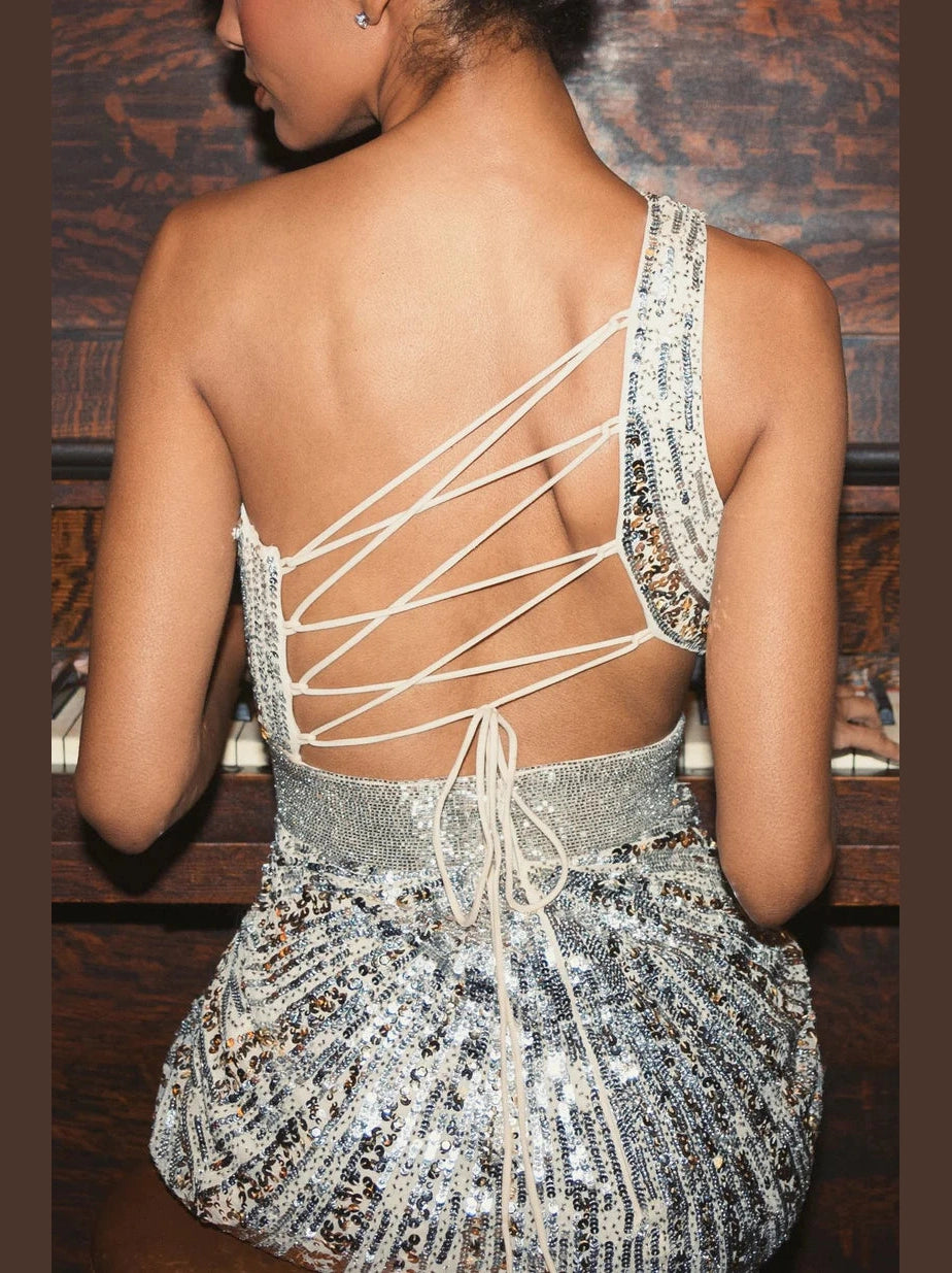 Sequined One Shoulder Draped Lace Up Gown