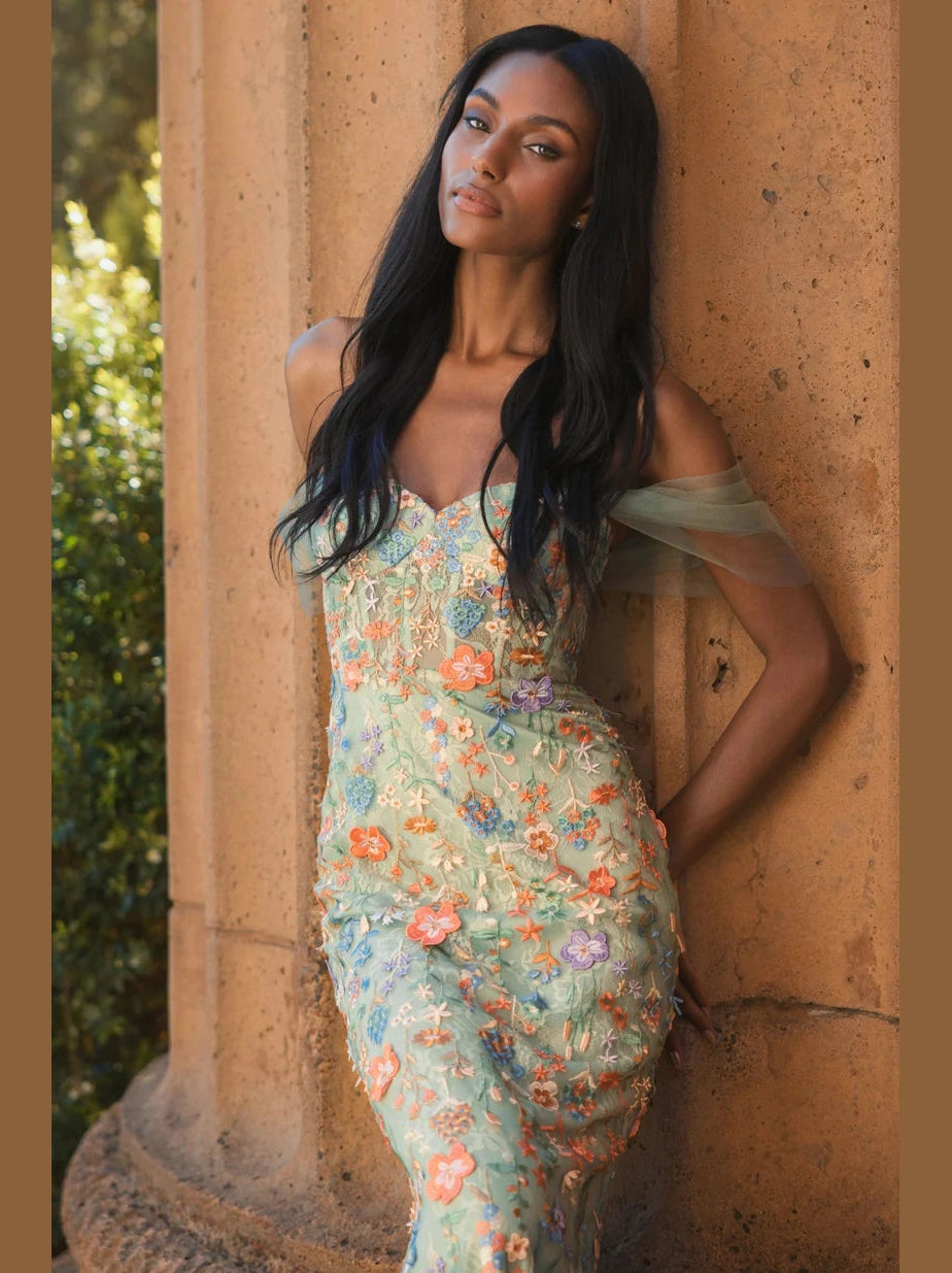 Off The Shoulder Bustier Embroidered Net Gown