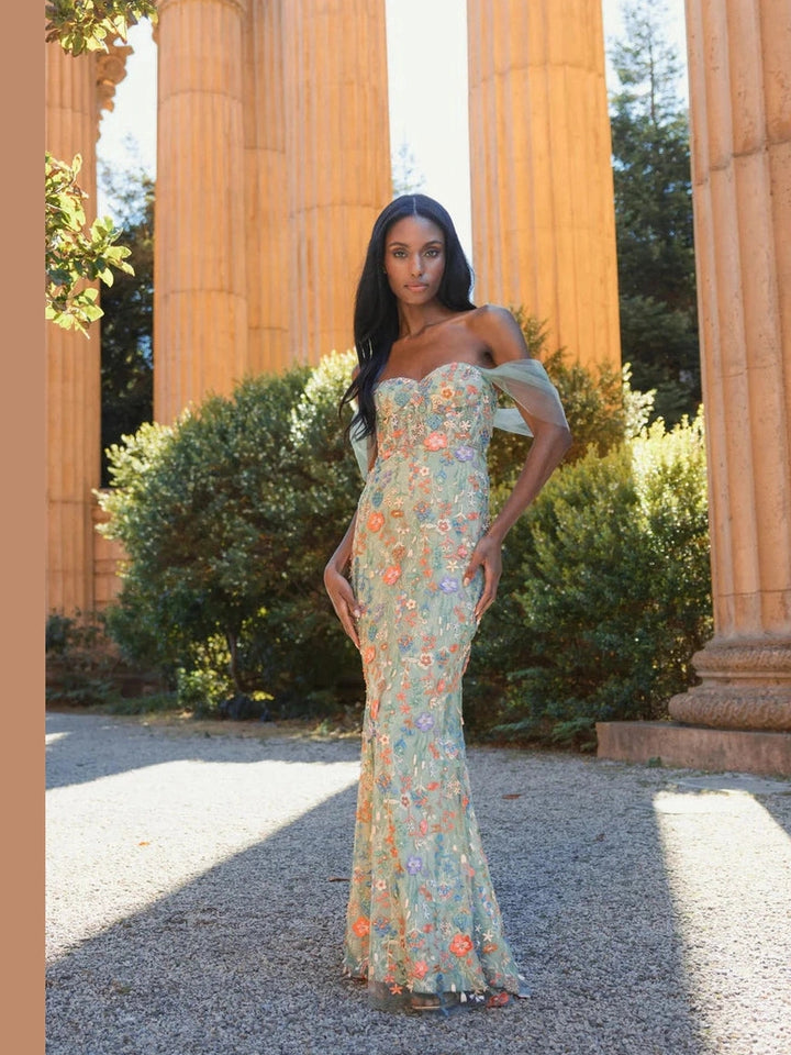 Off The Shoulder Bustier Embroidered Net Gown