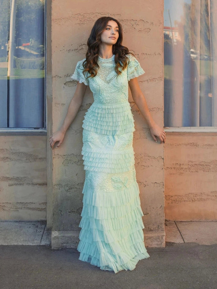 Beaded Mesh High Neck Micro Ruffle Gown