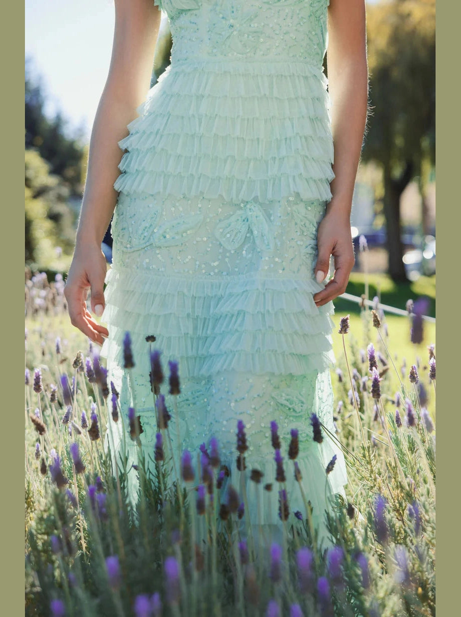 Beaded Mesh High Neck Micro Ruffle Gown