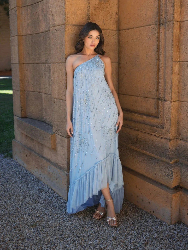 Bow Embellished Mesh One Shoulder High Low Gown