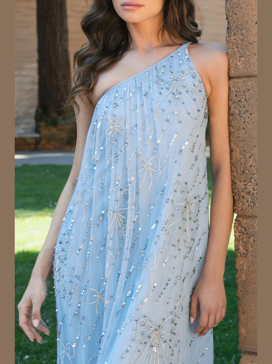 Bow Embellished Mesh One Shoulder High Low Gown