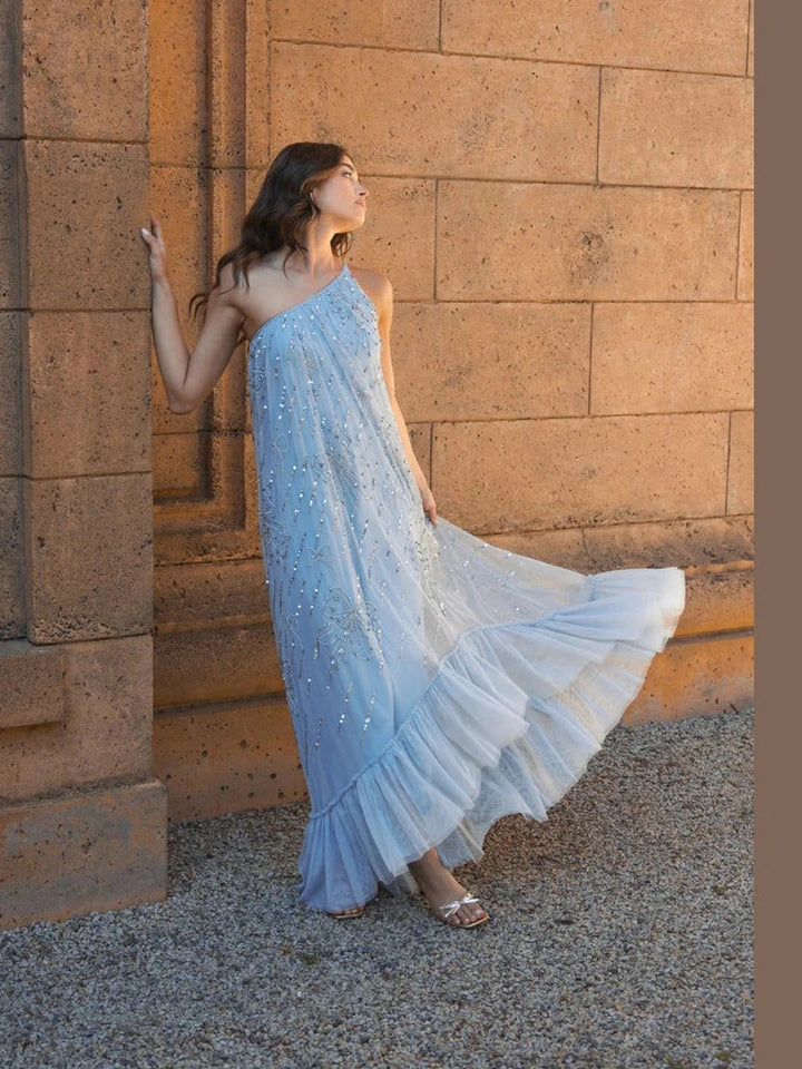 Bow Embellished Mesh One Shoulder High Low Gown