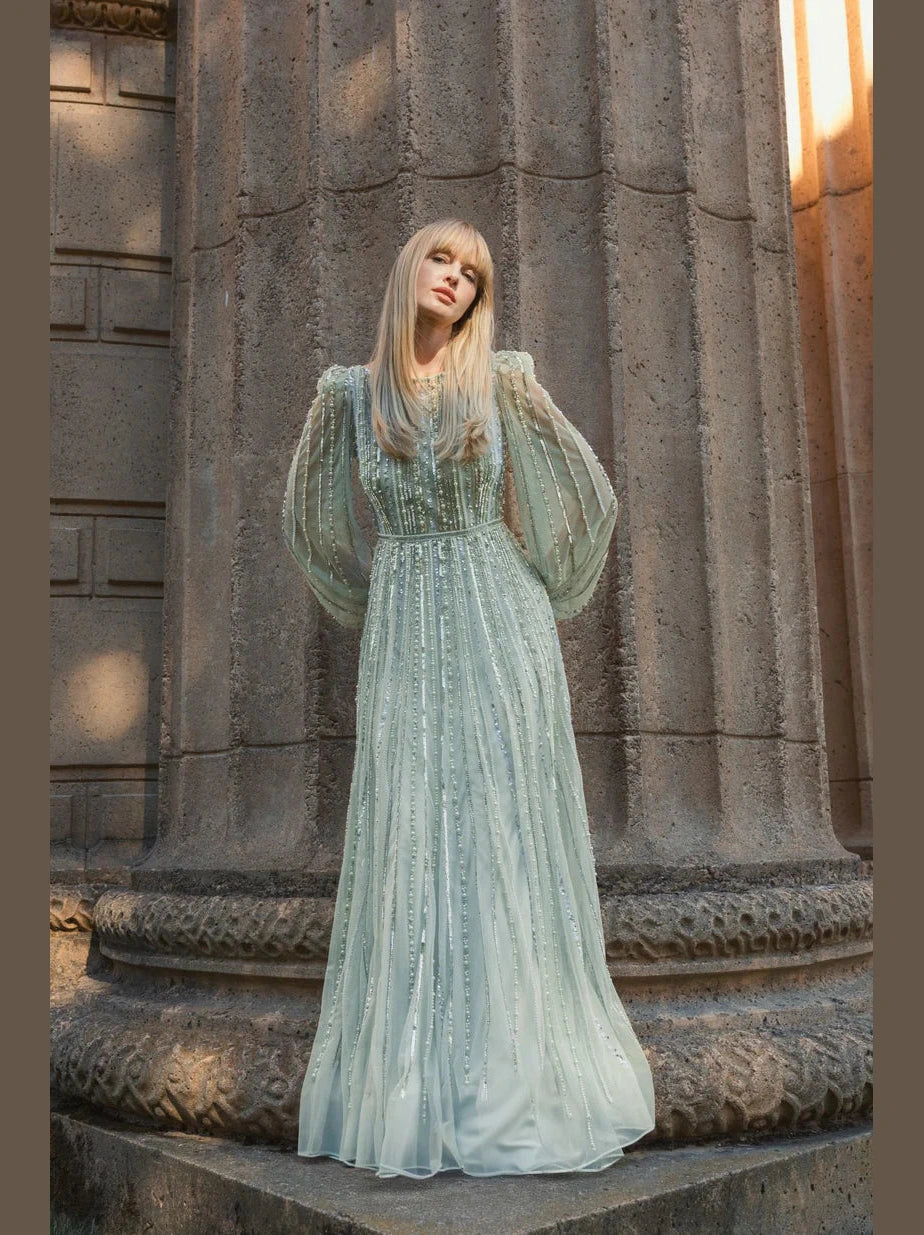 Boat Neck Long Sleeve Gown With Striped Beading