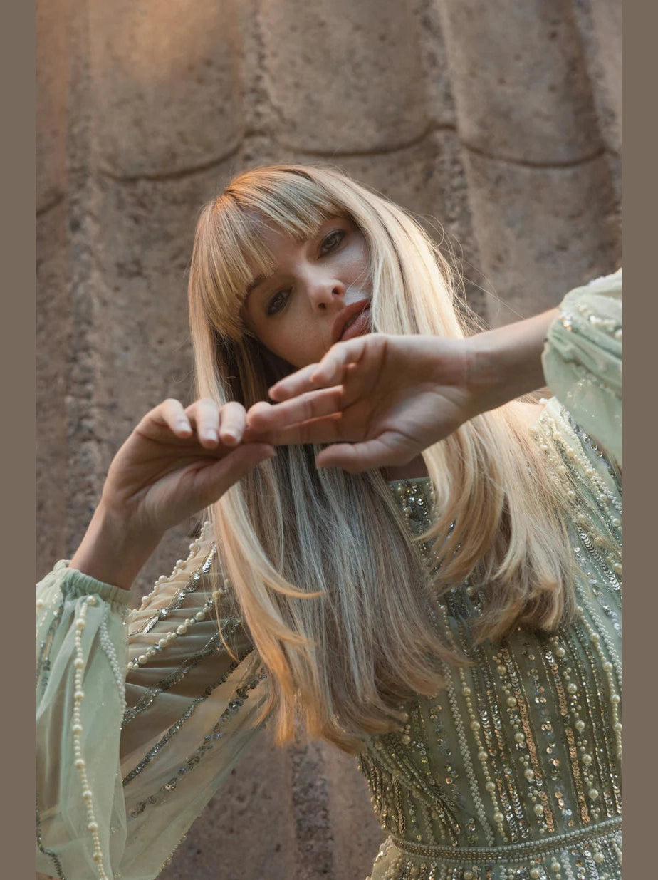 Boat Neck Long Sleeve Gown With Striped Beading