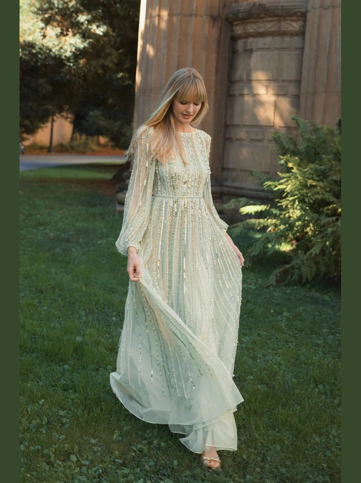 Boat Neck Long Sleeve Gown With Striped Beading