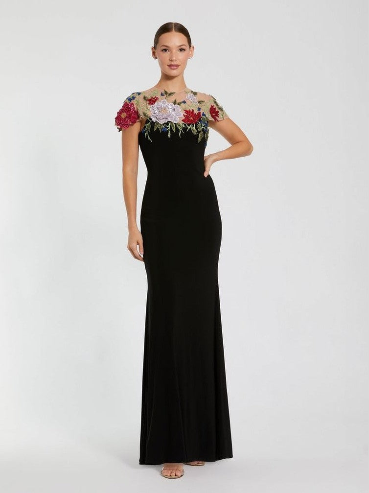 Floral Embellished Jersey Fitted Gown