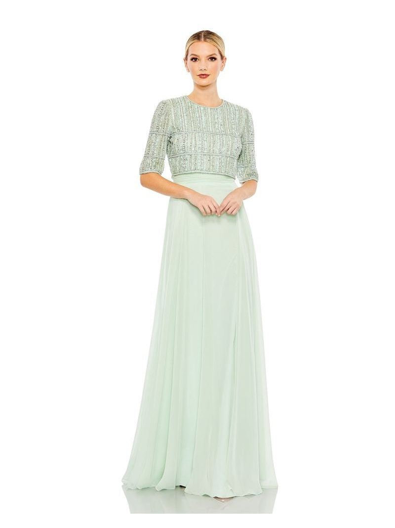 Chiffon Gown w/ Fully Beaded 3/4 Sleeve Top