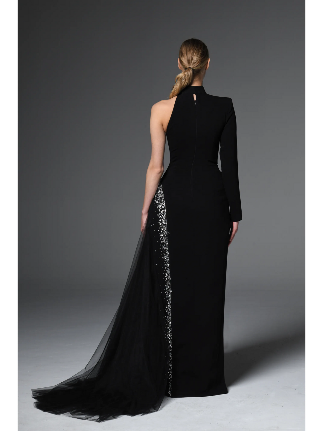 Asymmetric Crêpe Gown With Crystal Embroidery