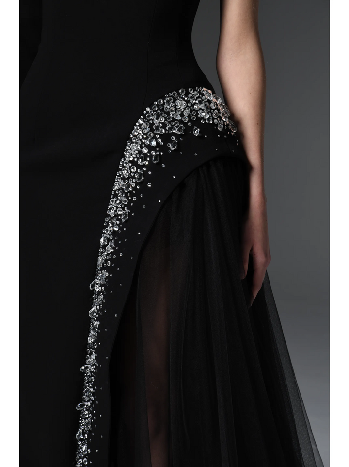 Asymmetric Crêpe Gown With Crystal Embroidery