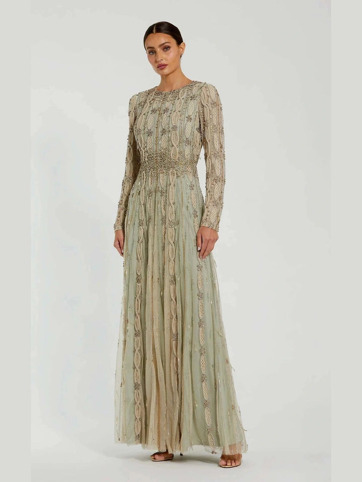 Embellished Mesh Long Sleeve A Line Gown