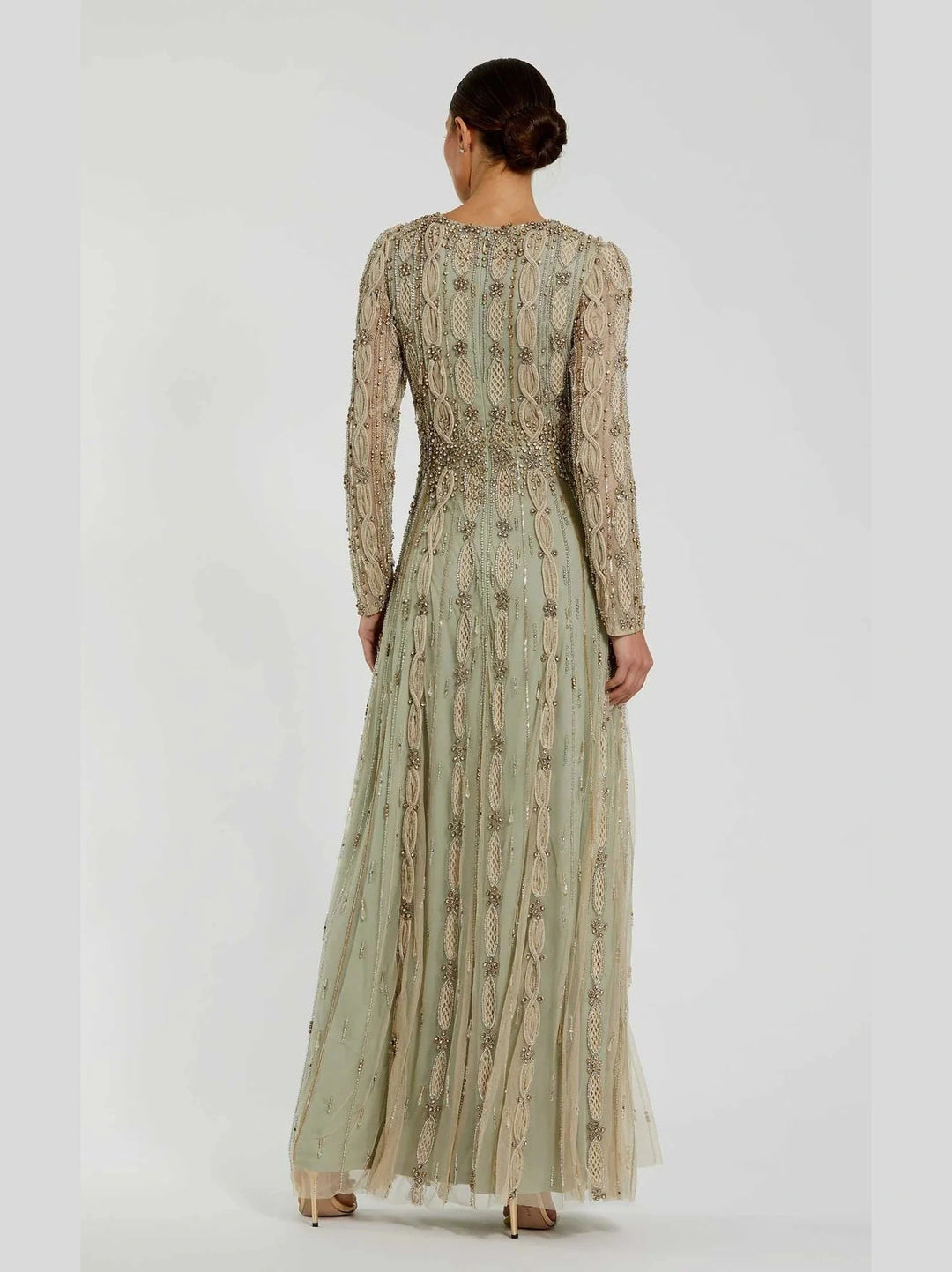 Embellished Mesh Long Sleeve A Line Gown