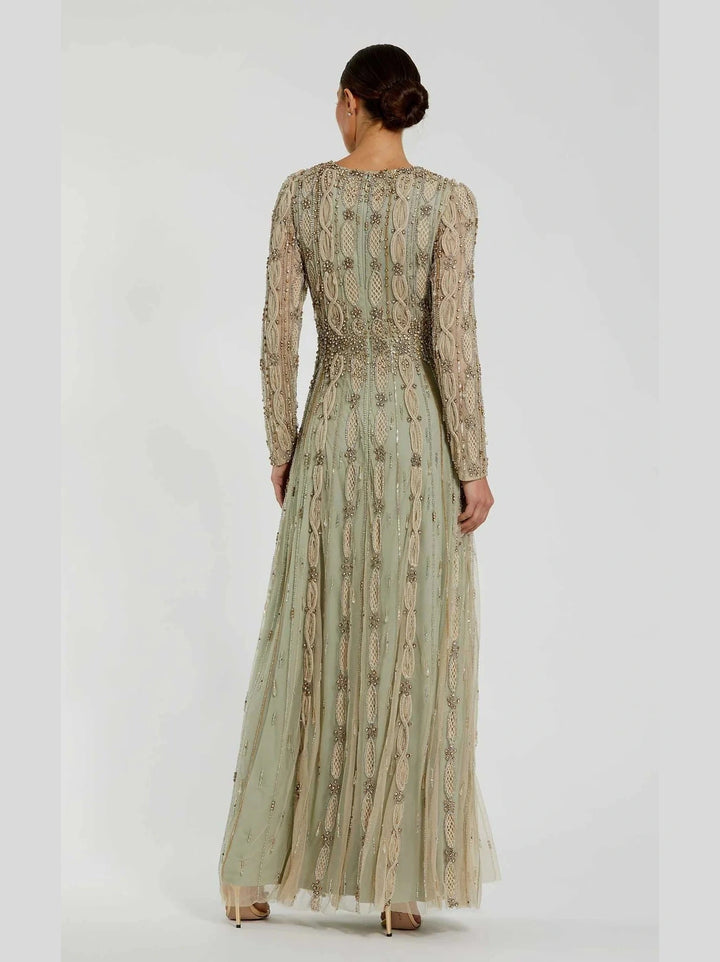 Embellished Mesh Long Sleeve A Line Gown