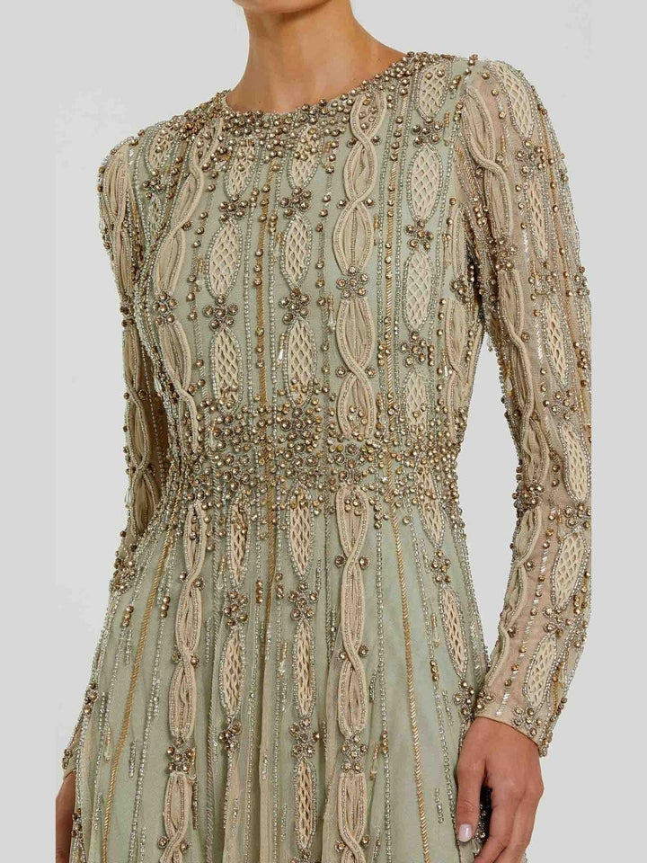 Embellished Mesh Long Sleeve A Line Gown