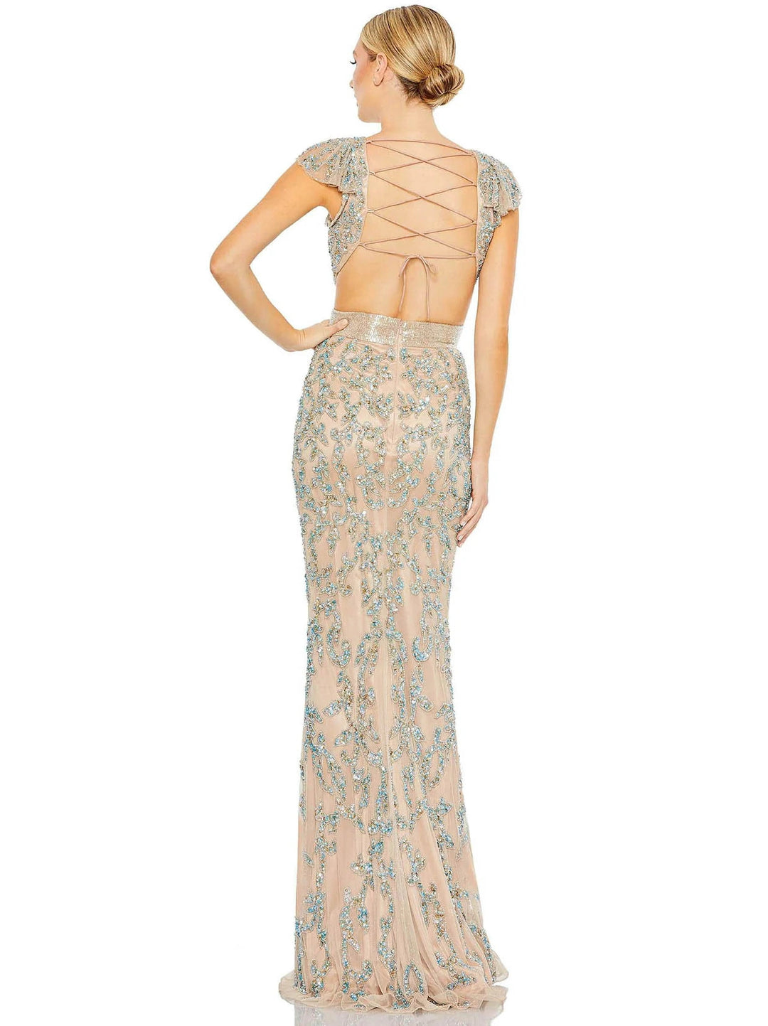 Damask Sequin Embellished Open Back Lace Up Cap Sleeve Gown